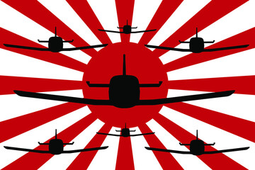 Kamikaze plane Zero in formation silhouette. Squadron aircraft in battle over Imperial Japanese army flag vector illustration. Rising Sun symbol. WW2, Second World War on Pacific history memories. - obrazy, fototapety, plakaty