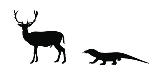 Komodo dragon hunting sika deer male vector silhouette illustration isolated. Huge antlers buck. Biggest lizard ambush attacks deer grazing grass. Reindeer prey for Komodo monitor. Varanus komodoensis