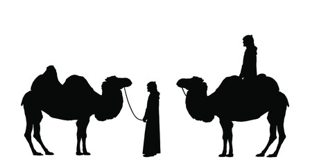Arabian man sheikh standing and riding camel vector silhouette illustration isolated on white background. Arab sheikh in traditional clothes illustration. Desert caravan rest.