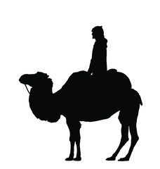 Arabian man sheikh siting and riding camel vector silhouette illustration isolated on white background. Arab sheikh in traditional clothes illustration. 