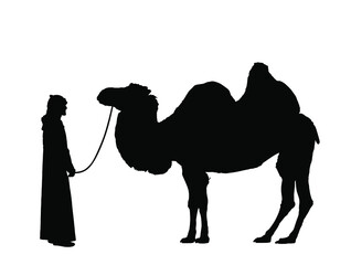 Arabian man sheikh standing after riding camel vector silhouette illustration isolated on white background. Arab sheikh in traditional clothes illustration.  - obrazy, fototapety, plakaty