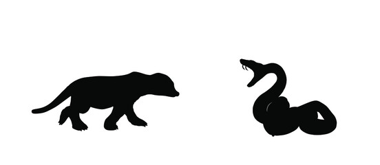 Curl snake defend against mongoose meerkat attack prey vector silhouette illustration isolated on white background. Black serpent tattoo. Poison snake shape shadow. Deadly venom predator. Danger treat