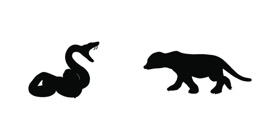 Curl snake defend against mongoose meerkat attack prey vector silhouette illustration isolated on white background. Black serpent tattoo. Poison snake shape shadow. Deadly venom predator. Danger treat