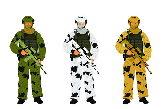 Snow, winter, desert, grass camouflage army soldier with sniper rifle, helmet, full equipment on duty vector illustration. Keeps watch on guard. Border ranger. Commandos saluting. Special unit member