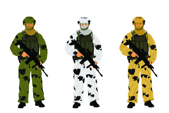 Snow, winter, desert, grass camouflage army soldier with sniper rifle, helmet, full equipment on duty vector illustration. Keeps watch on guard. Border ranger. Commandos saluting. Special unit member