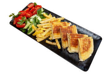 Cheese toast and french fries on black plate