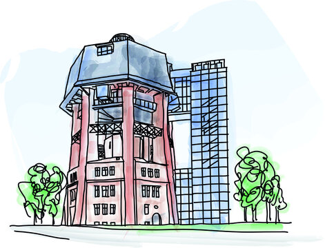 Pressure tower of Zabrze, Silesia, Poland. Watercolor , vector illustration