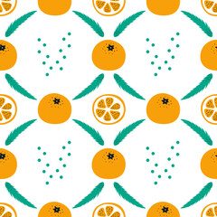 Christmas seamless bright pattern with tangerines and Christmas tree branches