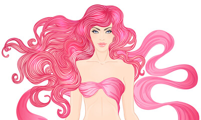 October: Breast Cancer Awareness Month, annual campaign to increase awareness of the disease. Woman with breast cancer awareness pink ribbon, vector illustration health, medicine, beauty concept