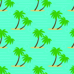 Fototapeta na wymiar Palm. Seamless vector pattern for design, packaging, fabric, wallpaper. Print with palm trees, waves and circles on a blue background.