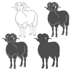 Set of black and white illustrations with ram, sheep. Isolated vector objects on a white background.