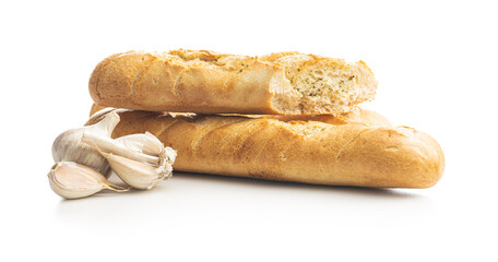 Roasted baguette with garlic butter. Crunchy sliced garlic bread.