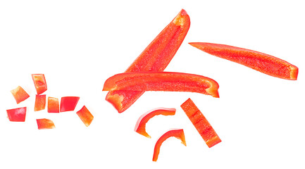 Red sweet bell pepper slices isolated on a white background, top view. Different shapes and sizes.