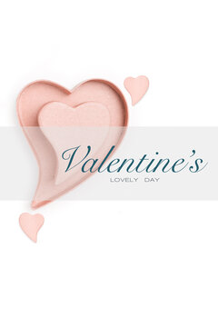 Lovely Valentine's Day card design with stylish pink 3D hearts and overlaid central banner with text. White Background with copy space. Vertical format