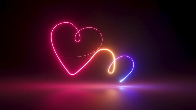 3d render, abstract neon background with two glowing hearts linked together, appear and drawn with one glowing line. Modern minimal line art. Valentines Day romantic symbols