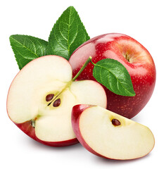 Apple isolated on white background. Apple clipping path. Apple with leaves