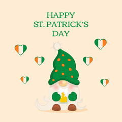 Fototapeta na wymiar Cute Drunk Gnome with Beer Mug Postcard St Patrick's Day