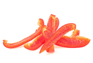 Red sweet bell pepper sliced strips isolated on a white background. Red fresh paprika.