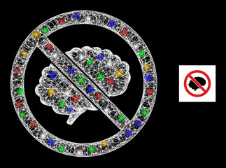 Glare hatched mesh brainless with multicolored light dots. Illuminated vector mesh created from brainless symbol. Sparkle carcass polygonal brainless, on a black backgound.