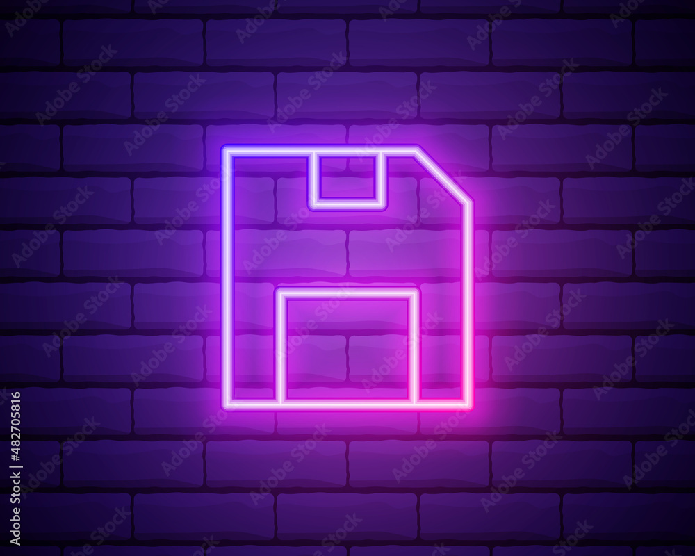Poster glowing neon line floppy disk for computer data storage icon isolated on brick wall background. disk