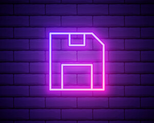 Glowing neon line Floppy disk for computer data storage icon isolated on brick wall background. Diskette sign. Colorful outline concept. Vector