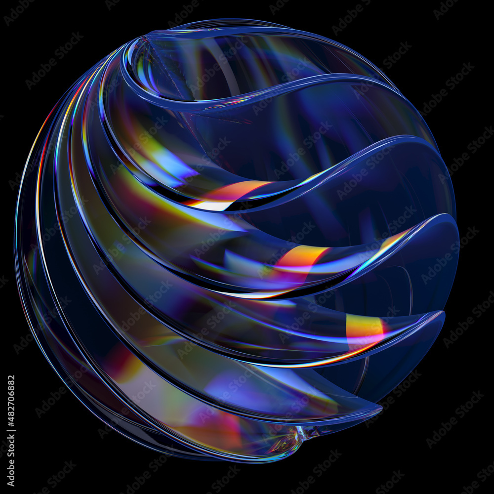 Fototapete futuristic 3d rendering abstract ball, color gradient spherical glass orb on black, modern graphic d