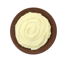 Plate with freshly cooked homemade mashed potatoes isolated on white, top view