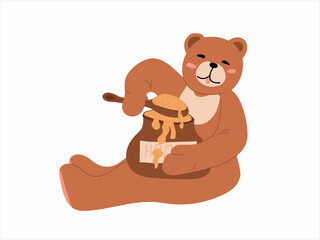 Cartoon bear eats honey with a spoon. Cheerful bear with a pot. Happy and carefree baby. Childish fun, sweet tooth. Baby flat illustration isolated on white background