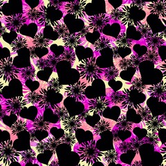 Seamless pattern of hearts. Black hearts on a rainbow background.