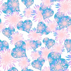 Seamless pattern of hearts and flowers. Blue, pink hearts and flowers on a white background.