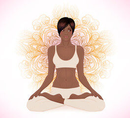 Beautiful African American Girl sitting in Lotus pose with ornate mandala on background. Vector illustration. Spa consent, yoga studio, or natural medicine clinic.