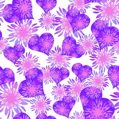 Lilac, violet heart seamless pattern. Valentines card. Hearts and pink flowers