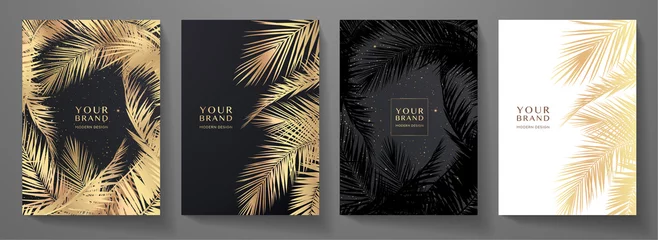 Poster Tropical cover, frame design set with abstract palm leaf pattern (palm tree leaves). Premium gold, black vector background useful for brochure template, exotic restaurant menu, invitation © Shiny777