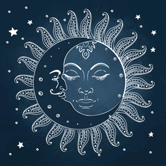 Sun and moon. Vector illustration in vintage engraving style.