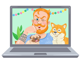 Young man with his funny pets on a laptop screen. Video chat online. Internet communication. In cartoon style. Vector flat illustration.