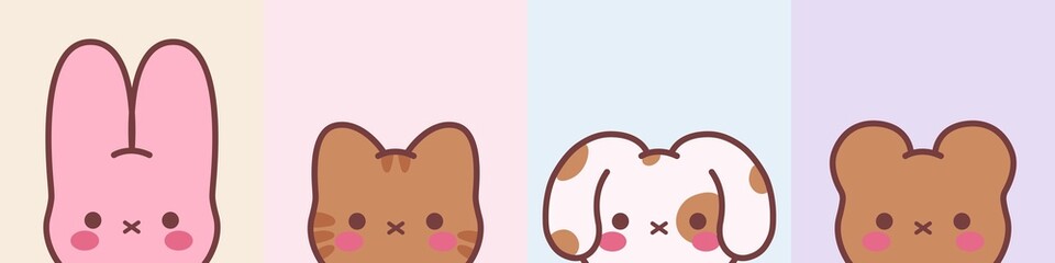 Collection of cute animals hand drawn on pastel color background.Cartoon character design set.Rabbit,bear,dog, cat doodle.Kid graphic.Vector.Illustration.
