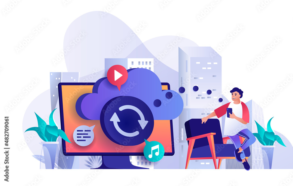 Aufkleber cloud storage concept in flat design. content storage online technologies scene template. man upload