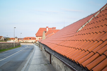 The red roof of the houses in Troja Castle and the road leading around - obrazy, fototapety, plakaty