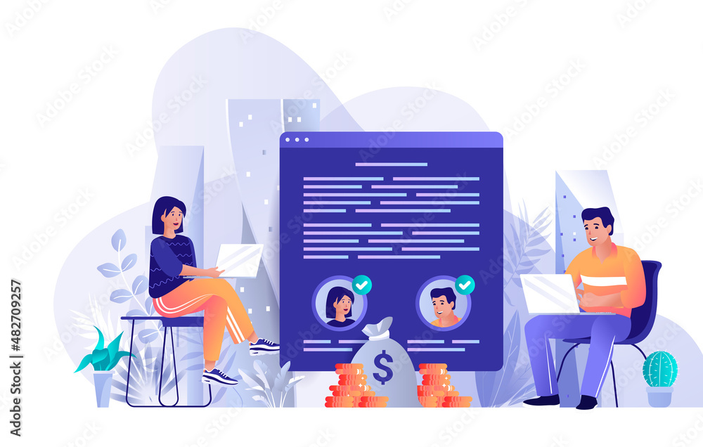 Aufkleber electronic contract concept in flat design. conclusion of cooperation agreement document scene templ