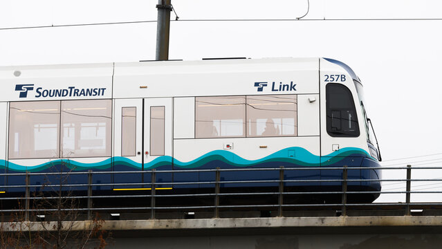Seattle - January 23, 2022; A Sound Transit link Light Rail train on a section of elevated track in Seattle