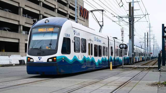 Seattle - January 23, 2022; A Sound Transit link Light Rail train passing through the SODO neighborhood in Seattle