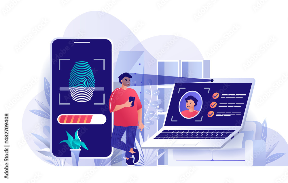 Poster biometric access control concept in flat design. user identification by face recognition and fingerp