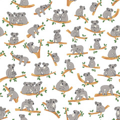 Koala animal with branches vector seamless pattern