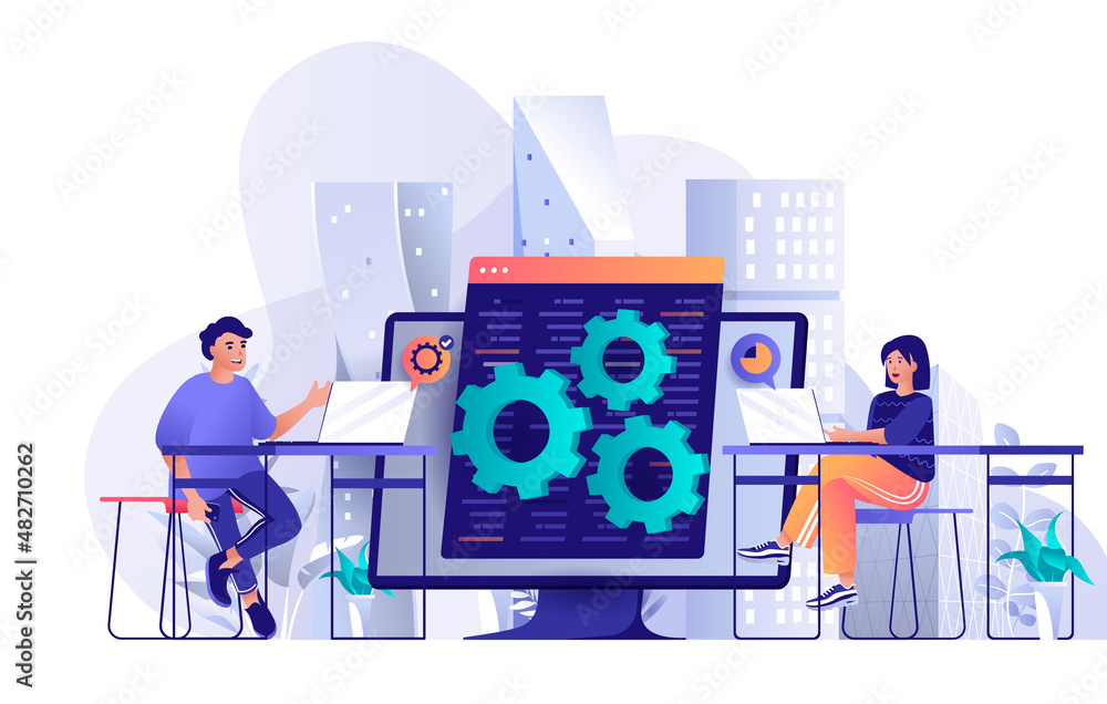 Aufkleber Developers team concept in flat design. Colleagues work together at project scene template. Man and woman develop, setting, testing, tech support. Illustration of people characters activities