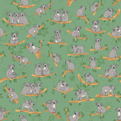 Koala animal with branches and floral background vector seamless pattern