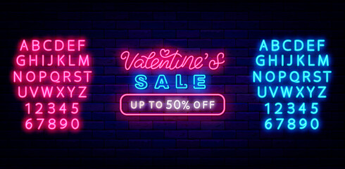 Valentines Sale neon sign in heart shape. Light advertising with alphabet. Vector stock illustration