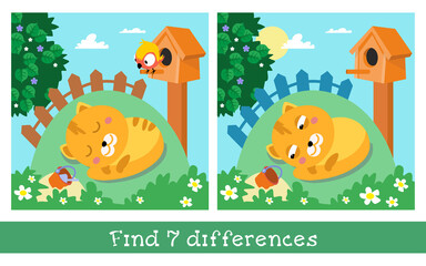 Kitten sleeps in yard. Character in cartoon style on summer. Find 7 differences. Game for children. Vector color illustration.