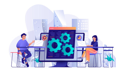 Developers team concept in flat design. Colleagues work together at project scene template. Man and woman develop, setting, testing, tech support. Illustration of people characters activities