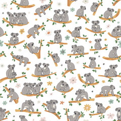 Koala animal with branches and floral background vector seamless pattern