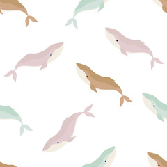 Cute whales seamless pattern. Hand drawn children sea background. Cartoon print of the underwater world. Vector illustration of the ocean with whales. Design for fabric, texture, website.